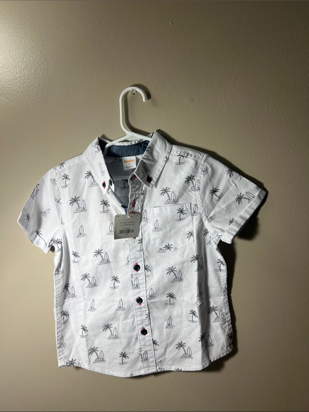 Gymboree White Short-Sleeve Button-Down with Palm & Surf Sketches